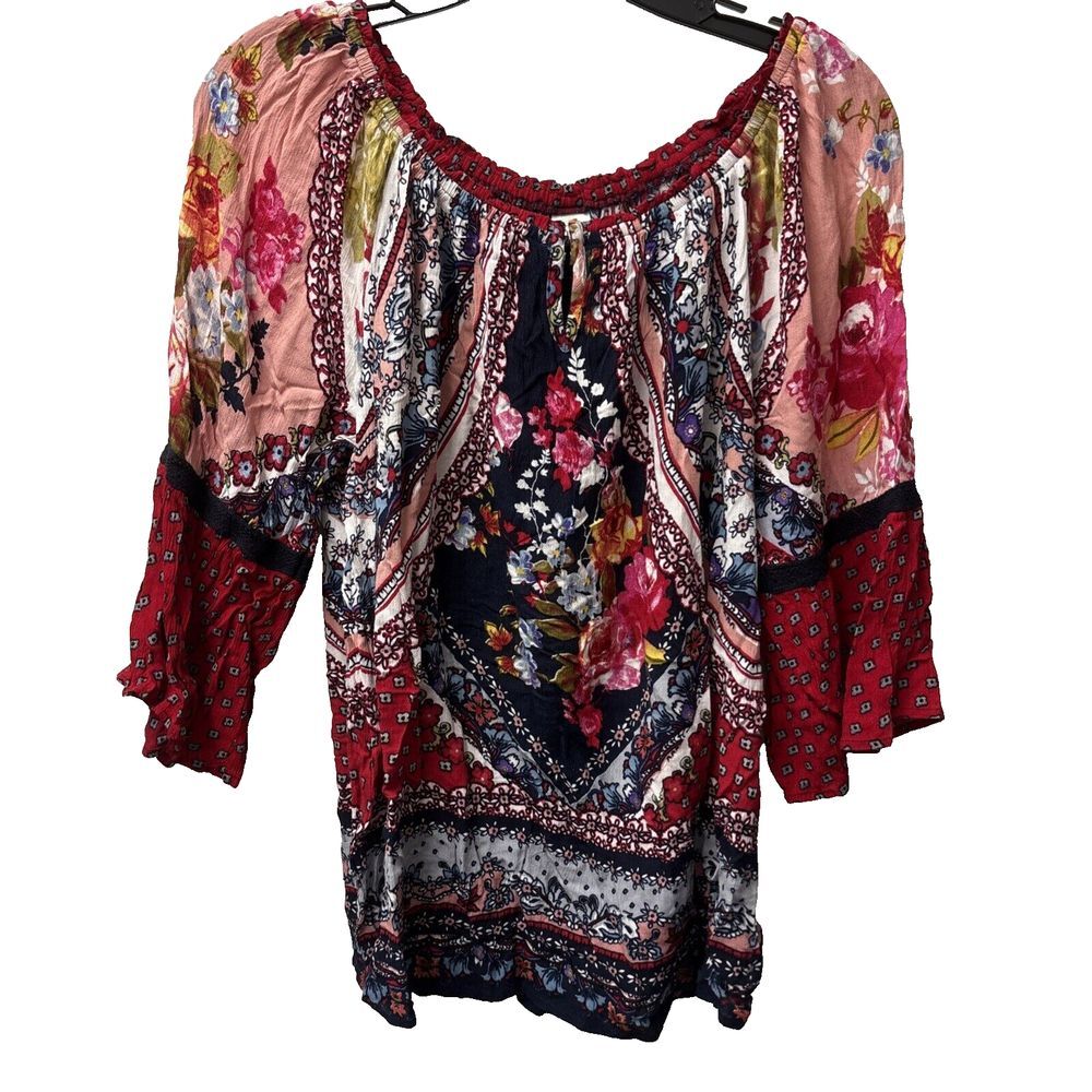 Bila Boho Floral Blouse Top Bell Sleeves Flowy Allover Print Womens Size Medium